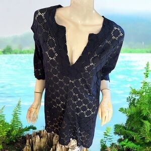 J Valdi navy blue crochet N neck 3/4 sleeve beach pool cover up dress S